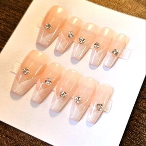 *handmade* nude beige white french diamond bling fall coffin press on nails